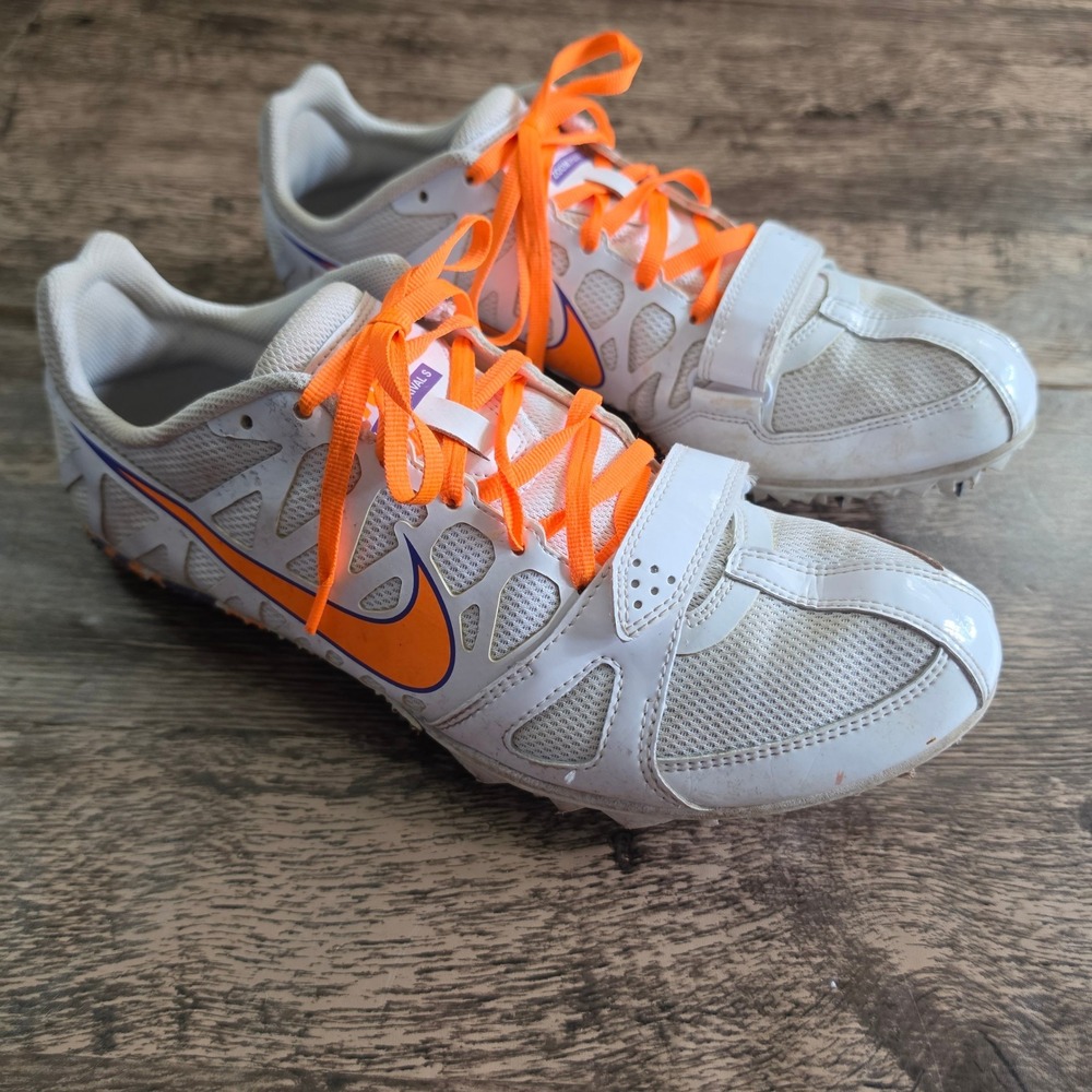 NIKE Zoom Rival S Sprint Spikes Mens 9 White Orange Track Field Shoes 456812-180